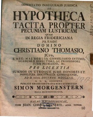 Dissertatio Inauguralis Juridica De Hypotheca Tacita Propter Pecuniam Lustricam