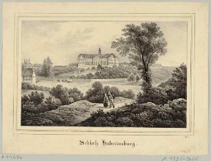 Das kurfürstlich-sächsische Jagdschloss Hubertusburg in Wermsdorf bei Oschatz, ab 1721 errichtet, (von August III.), Blick von Westen, aus der Zeitschrift Saxonia um 1836