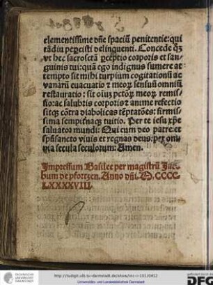 Impressum Basilee per magistrum Jacobum de Pfortzen anno domini M.CCCC.LXXXXVIII.