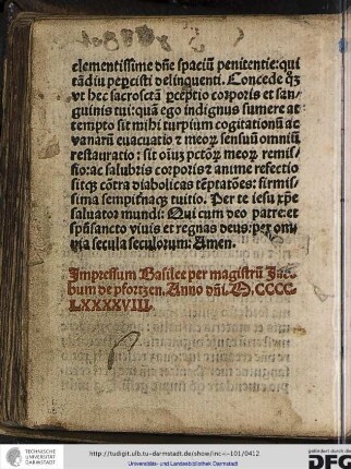 Impressum Basilee per magistrum Jacobum de Pfortzen anno domini M.CCCC.LXXXXVIII.