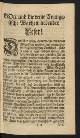 GOtt und die reine Evangelische Warheit liebender Leser!