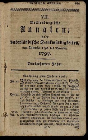 VII. Mecklenburgische Annalen; oder vaterländische Denkwürdigkeiten, vom December 1796 bis December 1797