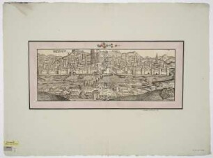 Ansicht von Regensburg, Holzschnitt, um 1493 : Ratisbona / [Hartmann Schedel. Holzschnitte von Michael Wolgemut, Wilhelm Pleydenwurff]. - [Nuremberge] : [Koberger] , [1493]. - 1 Ansicht : Holzschn. ; 51 x 19 cm. Auch enth. in: Weltchronik / Hartmann Schedel
