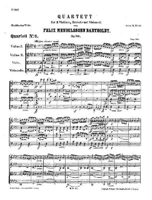 Felix Mendelssohn-Bartholdys Werke. 6,27. Nr. 27, Sechstes Quartett : op. 80 in F-m[oll]. - 23 S. - Pl.-Nr. M.B.27