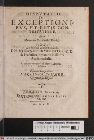 Disputatio De Exceptionibus, Et Litis Contestatione