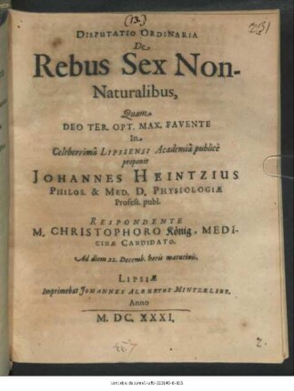 Disputatio Ordinaria De Rebus Sex Non-Naturalibus