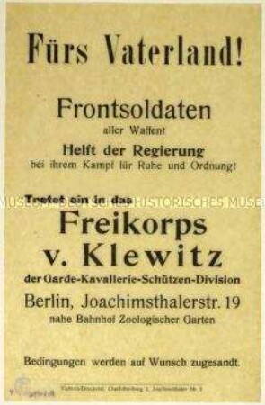 Aufruf zum Eintritt in das Freikorps von Klewitz der Garde-Kavallerie-Schützen-Division