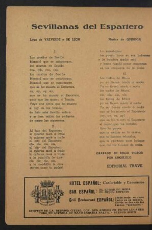 Sevillanas del Espartero : Grabado en disco Víctor por Angelillo. Editorial Trave.
