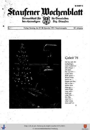 101. Jg: Staufener Wochenblatt (1921 bis 1934 als Staufener Tagblatt)