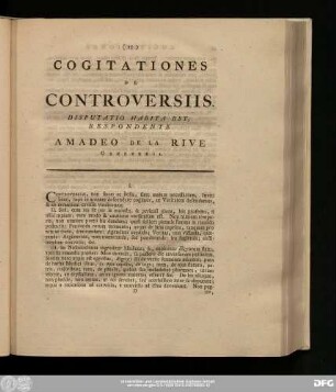 Cogitationes De Controversiis. Disputatio Habita Est, Respondente Amadeo De La Rive Genevensi.