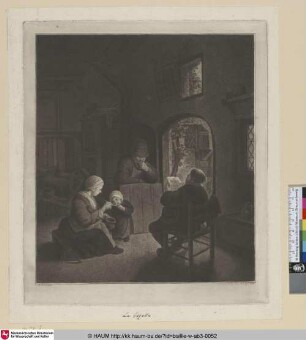 [Bauernstube mit vier Figuren um einen Tisch; Peasant interior with four figures]