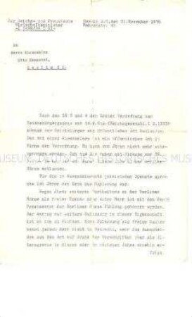 Dienstschreiben des Reichs- und Preußischen Wirtschaftsministers an Otto Henschel zu dessen Entlassung aus dem öffentlichen Dienst