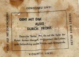 Sowjetisches Abwurf-Flugblatt als Passierschein für die Kapitulation (zweisprachig)