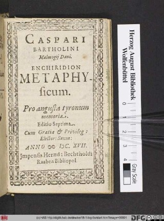 Caspari Bartholini Malmogii Dani Enchiridion Metaphysicum : Pro angusta tyronum memoria