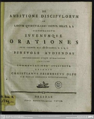 De Ambitione Discipulorum Ad Locum Quinctiliani Instit. Orat. I, 2. Illustrandum ... Orationes ... Mai. MDCCLXXIII. ... Invitans Commentatione Succincta