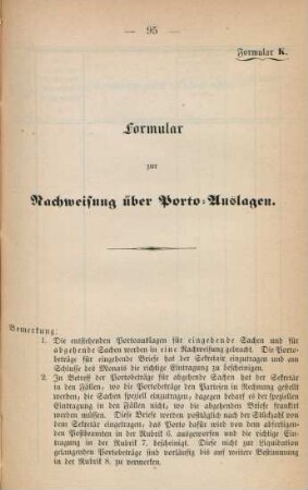 Formular K. Formular zur Nachweisung über Porto-Auslagen