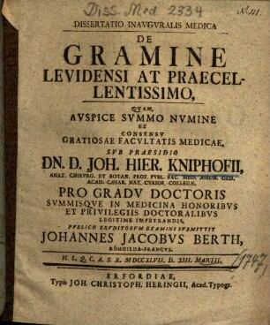 Dissertatio Inavgvralis Medica De Gramine Levidensi At Praecellentissimo
