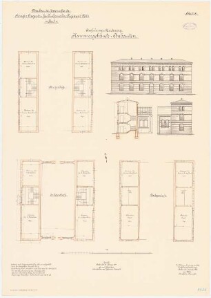 Kaserne des Garde-Kürassier-Regiments und des Königin-Augusta-Garde-Grenadier-Regiments Nr. 4, Berlin: Garde-Cürassier-Regiment, Kammergebäude-Anbauten: Grundriss Erdgeschoss, Obergeschoss, Dachgeschoss, Querschnitt, Ansichten 1:100