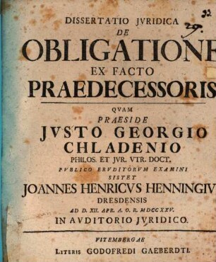 Diss. iur. de obligatione ex facto praedecessoris