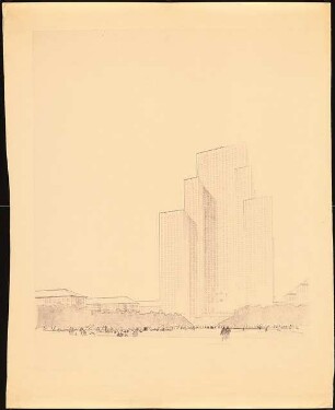 Altstadtsanierung, Berlin: Perspektivische Ansicht des zentral gestellten Hochhauses (vgl. Inv.Nr. 9150,2)