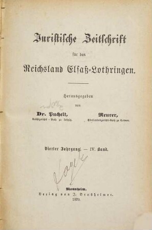 Juristische Zeitschrift für das Reichsland Elsaß-Lothringen, 4. 1879 = Bd. 4