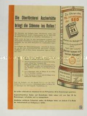 Propagandaflugblatt zum 15. Jahrestag der SED mit Beispielen aus der Forstwirtschaft