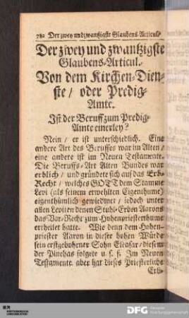 Der zwey und zwantzigste Glaubens-Articul. Von dem Kirchen-Dienste / oder Predig-Amte.