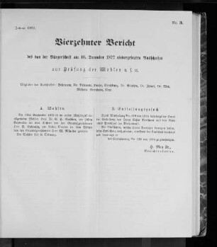 Nr. 3. Vierzehnter Bericht des von der Bürgerschaft am 10. December 1877 niedergesetzten Ausschusses zur Prüfung der Wahlen u.s.w. Januar 1880.