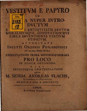 Vestitum e papyro in Gallia nuper introductum : e scriniis antiquitatis erutum, moralibusque adnotationibus circa inventiones vestium stipatum