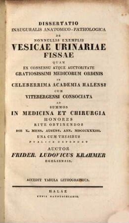 Diss. inaug. anat.-pathol. de nonnullis exemplis vesicu urinariae fissae : cum tab. lith.