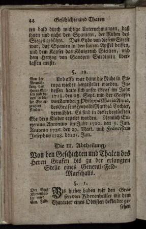 Die III. Abtheilung, Von den Geschichten und Thaten des Herrn Grafen bis zu der erlangten Stelle eines General-Feld-Marschalls.