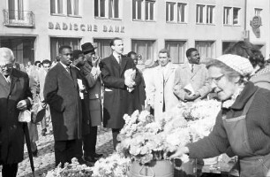 Freiburg: afrikanische Intellektuelle; Gruppe auf dem Bauernmarkt vor dem Münster