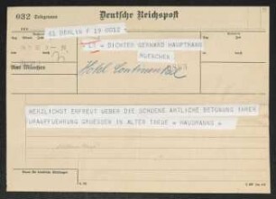 Brief von Hermann Haussmann und Hildegard Haussmann an Gerhart Hauptmann