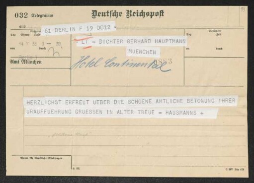 Brief von Hermann Haussmann und Hildegard Haussmann an Gerhart Hauptmann