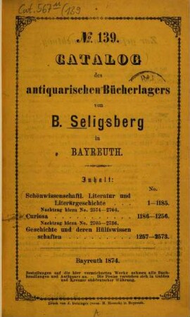 Antiquariats-Katalog. 139. 1874