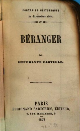 Portraits politiques au dix-neuvième siècle, 29. Béranger