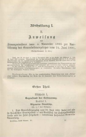 B. Anweisung des Finanzministers vom 4. November 1895 zur Ausführung des Gewerbesteuergesetzes vom 24. Juni 1891
