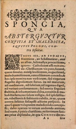 Spongia Qva Abstergvntvr Convitia Et Maledicta Eqvitis Poloni Contra Iesvitas