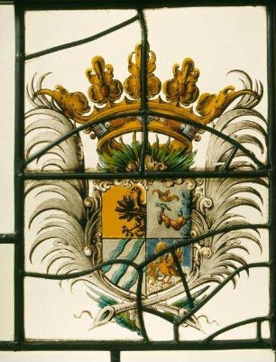 Kabinettscheibe mit geviertem Wappen (Adler, Hand mit Hammer und Krone, Pelikan)