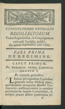 Pars Prima. De Regimine.