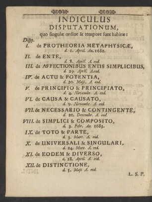 Indiculus Disputationum, ...