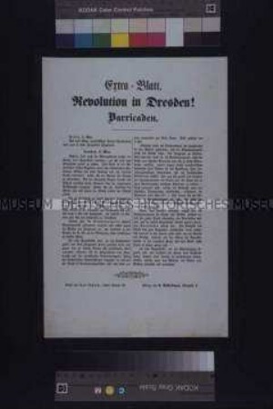 Extrablatt: Revolution in Dresden! Bericht über den Ausbruch der Revolution in Dresden; Berlin, 5. Mai 1849