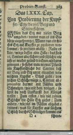 Das LXXX. Cap. Von Probierung der Kupffer-Ertze die viel Berg und Steine führen