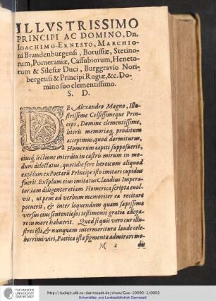 Illvstrissimo Principi ac Domino, Cn. Ioachimo-Ernesto, Marchioni Brandenburgensi, Borussiae, Stetinorum, Pomeraniae, Cassubiorum, Henetorum & Silesiae Duci, Burggravio Noribergensi & Principi Rugiae & c. Domino suo clementissimo