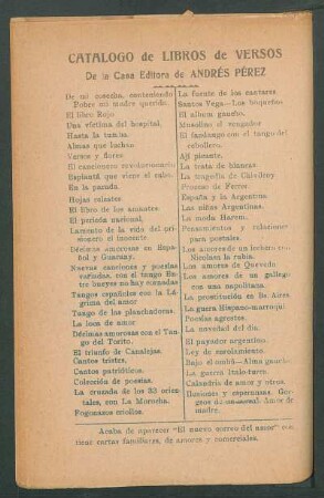 Catálogo de libros de versos de la casa editora de Andrés Pérez