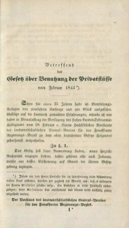Betreffend das Gesetz über Benutzung der Privatflüsse vom Februar 1843.