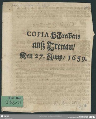 Copia Schreibens auß Trettau, Den 27. Juni, 1659