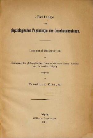 Beiträge zur physiologischen Psychologie des Geschmackssinnes