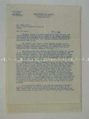 Schreiben aus dem US-Justizministerium an die Tochter von Fleischhut über die Beschlagnahme von Eigentum Fleischhuts 1939 - Nachlass