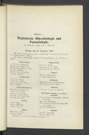 Sektion I. Hygienische Mikrobiologie und Parasitologie.